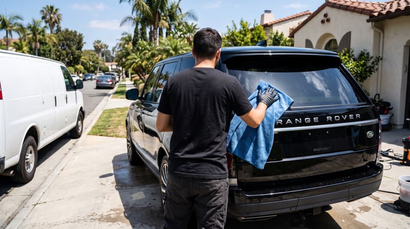 A detailer drying a black Range Rover in a Los Angeles driveway