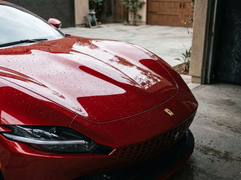 Ceramic coating in Los Angeles: the hood of a red Ferrari Roma with deep gloss and tight water beads