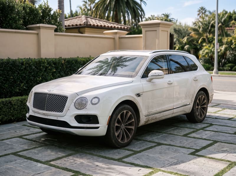 Car detailing cost in Los Angeles: a white Bentley Bentayga covered in road dust, bugs, brake dust and mud splashes