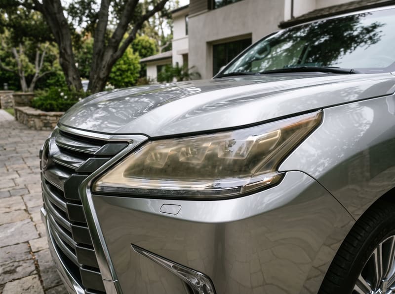 Headlight restoration in Los Angeles: a silver Lexus LX 570 with a yellow, hazy headlight lens
