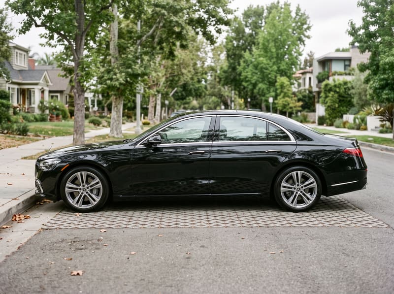 Mobile car wash in Los Angeles: a black Mercedes S-Class, washed and dried on a water-capture mat