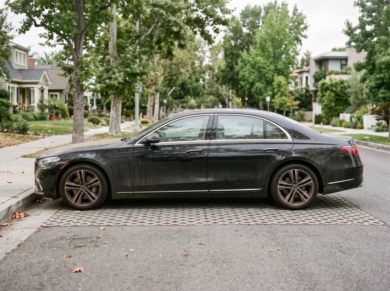 Mobile car wash in Los Angeles: a black Mercedes S-Class dulled by dust, pollen and road film, parked on a water-capture mat