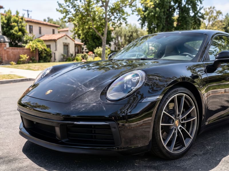 Paint correction in Los Angeles: the hood of a black Porsche 911 with swirl marks and scratches in the sun
