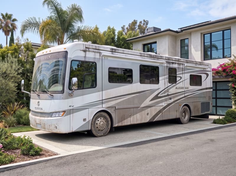 RV detailing near me in Los Angeles: a white and silver Class A motorhome with black streaks, road grime and bugs