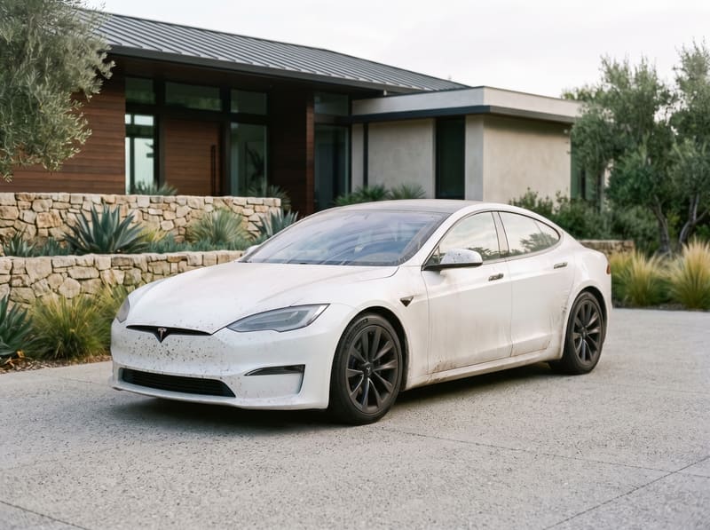 Tesla car wash in Los Angeles: a pearl white Tesla Model S with bugs and road film on the nose, dust and water spots