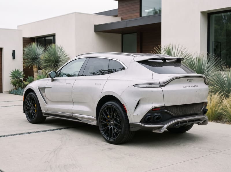 Car wrap in Los Angeles: a tired white Aston Martin DBX707 with dull, scratched paint and dull chrome trim